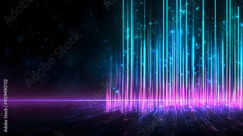 Abstract Digital Illumination: A stunning digital artwork showcasing vibrant, luminous light trails cascading downwards, creating an immersive visual effect on a dark background.