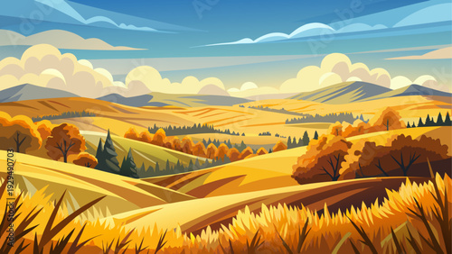 Rolling hills covered with golden autumn vegetation stretching toward open horizon clear sky above clean minimal vector illustration flat design uncluttered peaceful composition