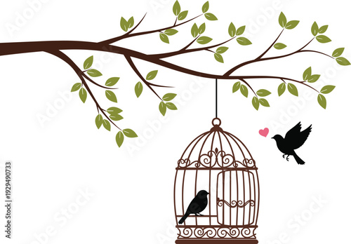 Elegant vector silhouette of a vintage bird cage hanging from a leafy tree branch with two birds and a heart.