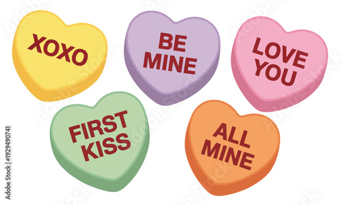 Valentine’s Day candy heart sayings set, includes sweet messages, love phrases, and romantic quotes, vector illustrations for holiday, greeting card, and digital design projects.