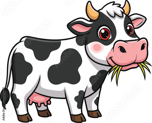 Happy black and white spotted dairy cow cartoon character chewing on green grass, friendly farm animal mascot isolated on white.