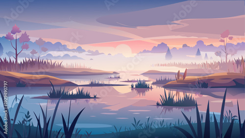 A flat wetland area covered with soft morning mist subtle water reflections under gentle sunrise gradient sky clean minimal vector illustration flat design uncluttered composition