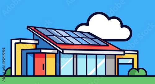 Modern House with Solar Panels on Roof.