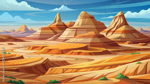 An arid badlands terrain with layered natural earth formations dry textured ground under wide open sky clean minimal vector illustration flat design uncluttered composition