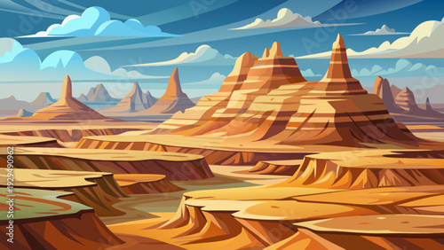 An arid badlands terrain with layered natural earth formations dry textured ground under wide open sky clean minimal vector illustration flat design uncluttered composition