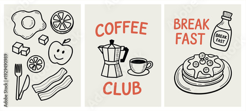 Breakfast and coffee doodle illustration set, hand drawn food elements with pancakes, bacon, egg and coffee club typography design