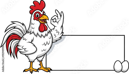 Happy white rooster cartoon character showing okay hand gesture next to a blank white sign board with eggs, isolated on white.