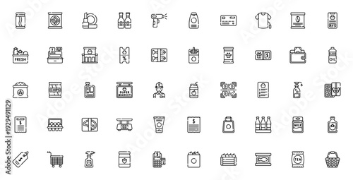 Supermarket icon set. Vector illustration pack with shopping cart, groceries, cashier, discount, QR code, and essentials like milk, eggs, steak, and more.