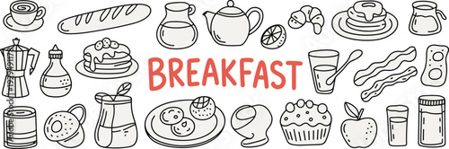 Breakfast food doodle collection, hand drawn morning meal elements with coffee, pancakes, bacon and bakery illustration for cafe menu design