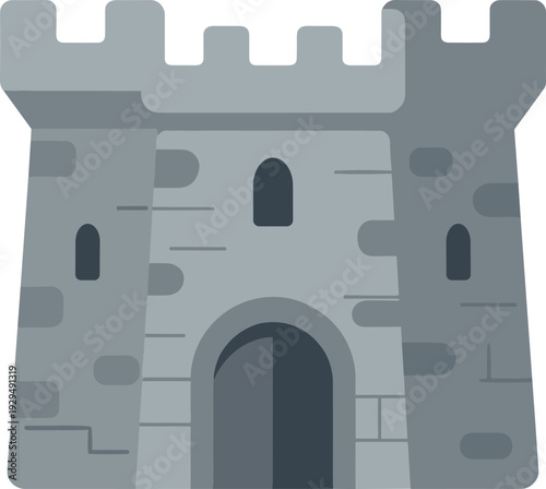 Stylized stone castle tower with an arched entrance and square crenellations