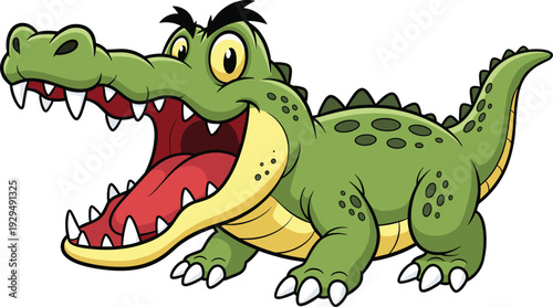 Friendly green crocodile cartoon character with wide open mouth showing teeth, cheerful alligator mascot standing isolated on white background vector.