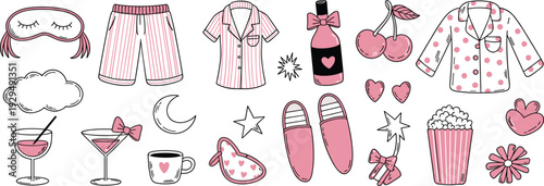 Cute pajama party illustration set, girly sleepover doodle elements with slippers, wine, popcorn and cozy night accessories collection
