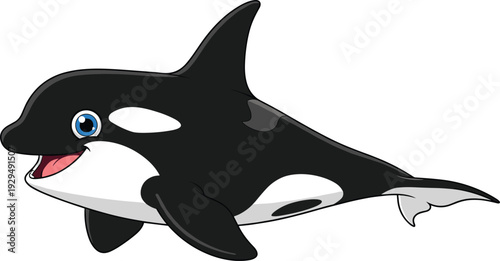 Cute cartoon orca whale vector illustration with a happy expression, isolated on white background for marine life and aquatic designs.
