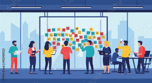 Diverse team collaborating on a project using sticky notes on a glass wall in a modern office