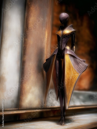 AI-generated illustration of a svelte fashionable featureless female humanoid in an industrial environment, in metallics and brown, orange and cream