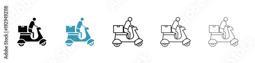 Delivery man riding motorcycle icon in line art style on white background for graphic and web design.