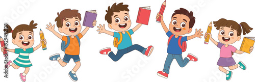 Cute happy school children jumping with books and pencils, cartoon students celebrating learning, back to school education vector illustration