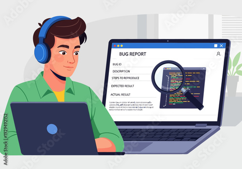 Young Man Wearing Headphones Working on Laptop Computer.