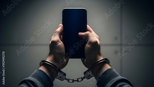 Digital Security and Arrest Concept: Close-up of Criminal in Handcuffs Holding Mobile Phone
