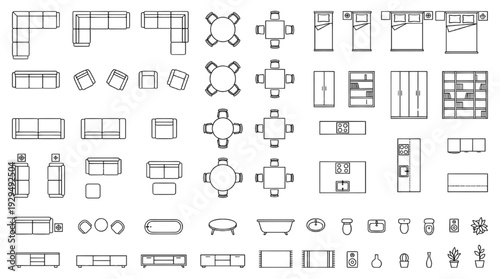 Architectural Furniture Top View Icon Set – Interior Floor Plan Blueprint Vector Collection