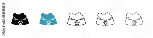 Dog feeding icon in line art style on white background for graphic and web design.