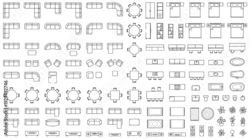 Architectural Furniture Top View Icon Sheet – Interior Floor Plan Blueprint CAD Vector Library