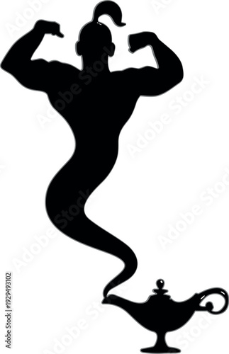 Magic Genie Emerging from Lamp Silhouette Vector Illustration Representing Mythical Spirit, Fantasy Power, Wish Granting and Arabian Tale Character Concept