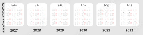 Clean and minimal 2027, 2028, 2029, 2030, 2031, 2032 calendar template in Hindi, Devanagari script. Week starts on Monday.