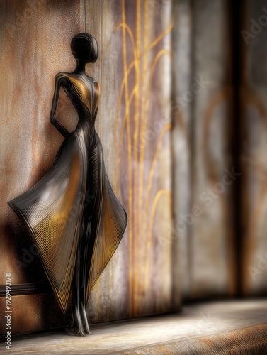 AI-generated illustration of a svelte fashionable featureless female humanoid in an industrial environment, in metallics and brown, orange and cream