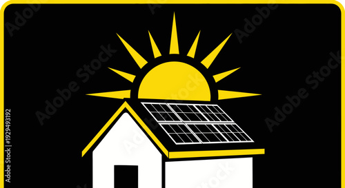 Solar Powered House with Sun and Panels Illustration.