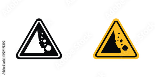 Falling rocks or debris warning road signs in line art style on white background for graphic and web design.
