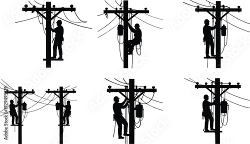 Silhouette collection of utility linemen repairing high voltage power lines on electric poles, showcasing electrical maintenance, energy infrastructure, and industrial safety work at height.