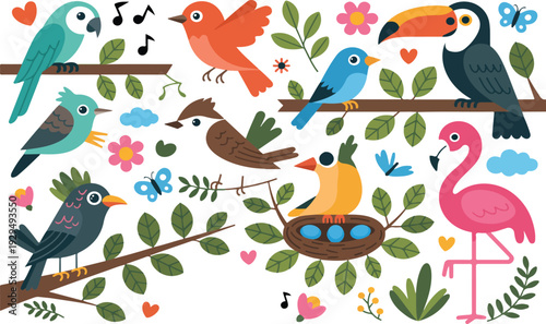 Cute Cartoon Birds Illustration Set with Owls Parrots Flamingo Toucan Nesting Birds and Spring Nature Elements
