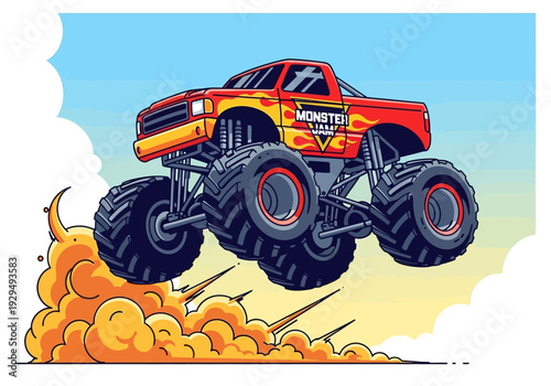 Red Monster Truck Soaring Through the Air.
