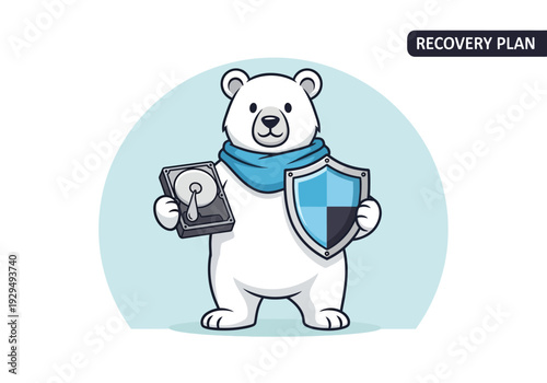 Polar Bear Holding Hard Drive and Shield for Data Recovery.