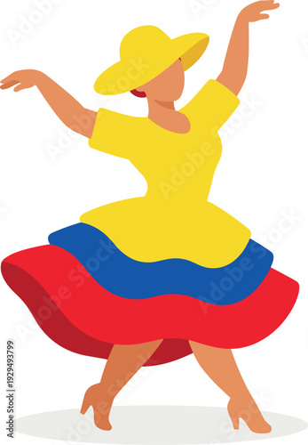 Woman dances in traditional Colombian dress with hat and dress flowing