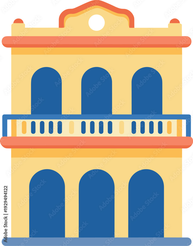 Fototapeta premium Two story building with arched windows and balcony in flat design style