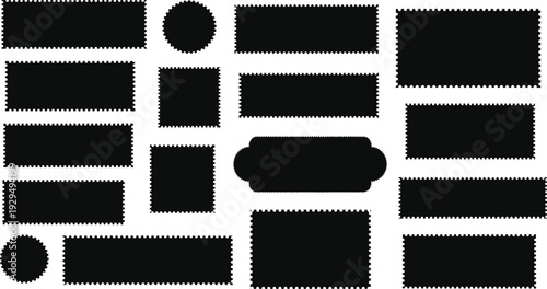 Collection of black postage stamp edge silhouette shapes featuring various rectangular, circular, and ornate frame borders isolated on white background.