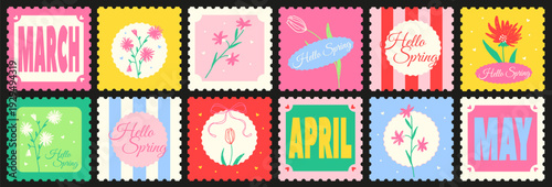 Set of colorful spring postage stamps with floral illustrations and seasonal typography. Perfect for greeting cards, posters, stickers, stationery, scrapbooking, invitations and seasonal branding.