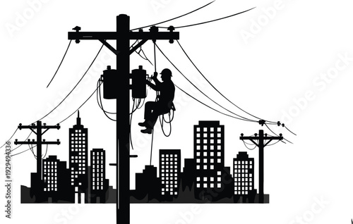 Silhouette of electrical lineman repairing power lines on utility pole against urban city skyline, vector illustration of electricity distribution and maintenance work
