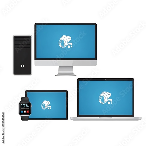 Multiple devices showcasing the same blue screen with a white logo.