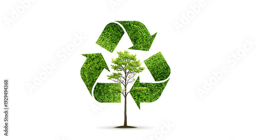 Symbolic representation of environmental sustainability with a vibrant green recycling icon embracing a young tree, highlighting eco-friendly practices and earth protection
