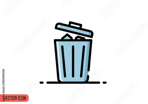 Simple Blue Trash Can Icon with Open Lid and Waste.