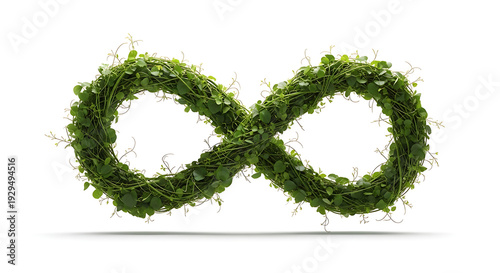 Vibrant green foliage forming a continuous infinity symbol, illustrating the concept of eternal nature, sustainable ecological growth, and endless environmental harmony