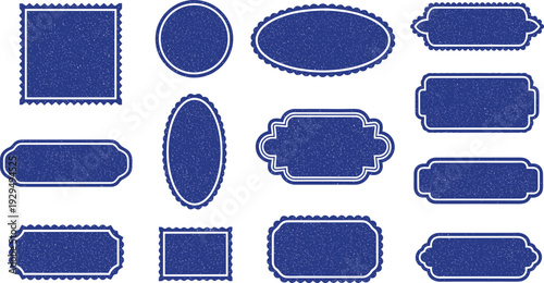Collection of blue grunge textured label shapes and vintage frame borders with scalloped edges isolated on white for graphic design.
