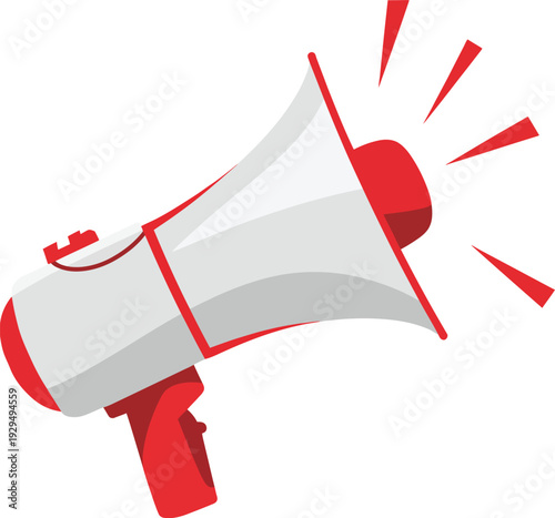 Red megaphone icon vector, includes announcement, communication, and publicity symbols for marketing, social media campaigns, advertising, and digital creative projects.