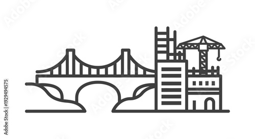 Modern Cityscape with Bridge and Construction Site Icon.