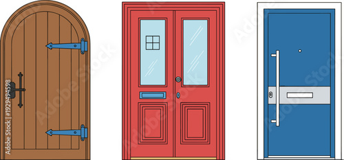 Collection of flat vector illustrations featuring a rustic arched wooden door, a classic red double door, and a modern blue entrance.