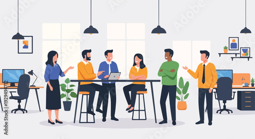 Diverse group of professionals collaborating in a modern open-plan office, discussing ideas around a table.