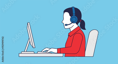 Customer service operator wearing headset working on computer in call center, flat design illustration